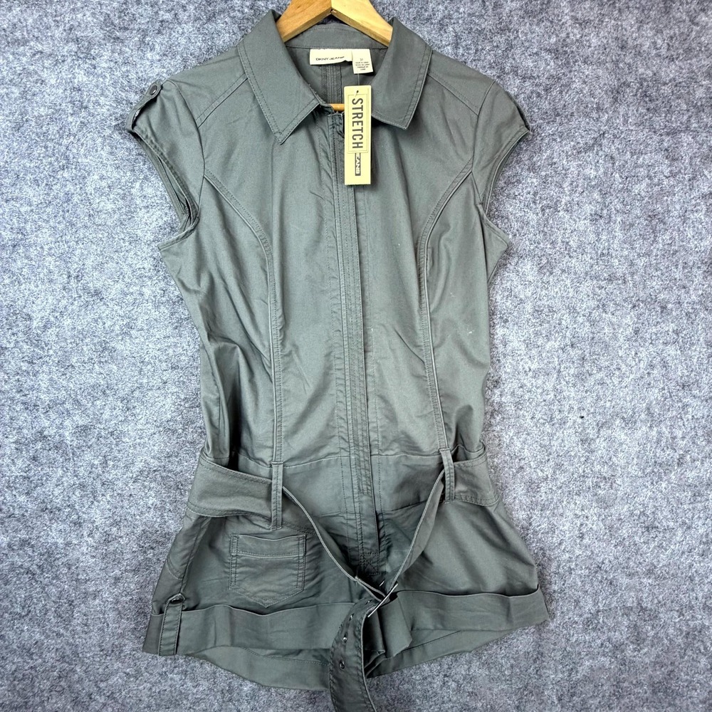 DKNY Jeans Utility Romper Womens 31 Green Cotton Stretch Short Sleeve Belted
